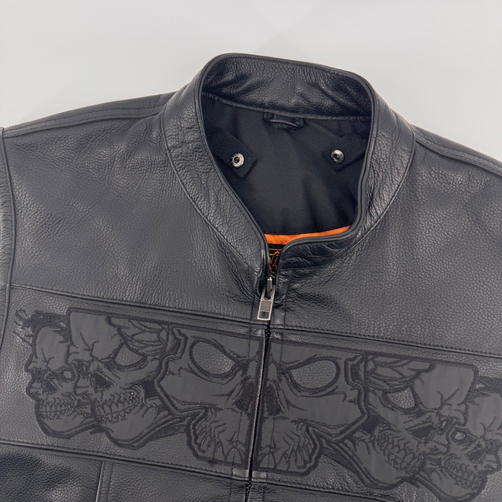 Milwaukee Leather Vest Mens Medium Black Embroidered Skull Biker Zip Up Diamond
